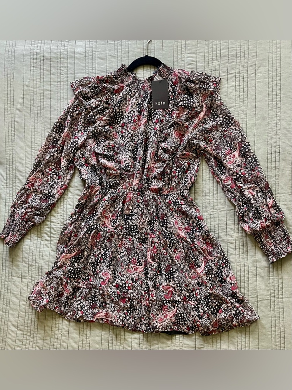 Fate Black and Pink Paisley Smocked-Waist Long Sleeve Dress